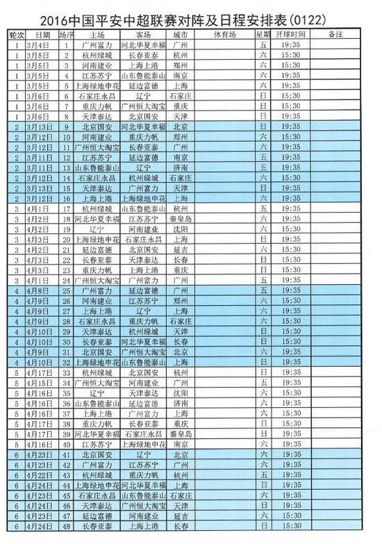 2016中超赛程:首轮津京德比 末轮恒大战鲁能