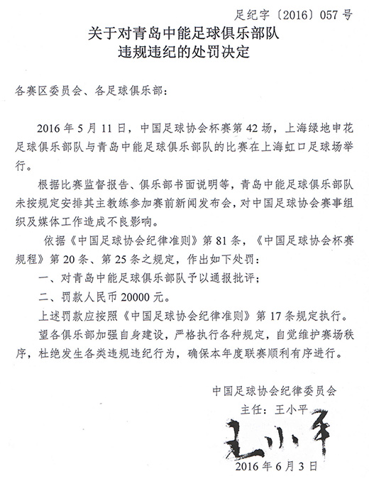 青島中能的處罰決定