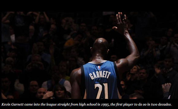 NBA官網報道加內特退役，配圖文字：凱文·加內特在1995年開始NBA職業生涯，他是20年來第一個從高中直接進入NBA的球員。
