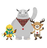 亞運會吉祥物
       吉祥物由三種獨特的野生動物組成，它們分別是極樂鳥、犀牛和花鹿這三個動物代表印尼的三個區域，體現了民族團結意識。