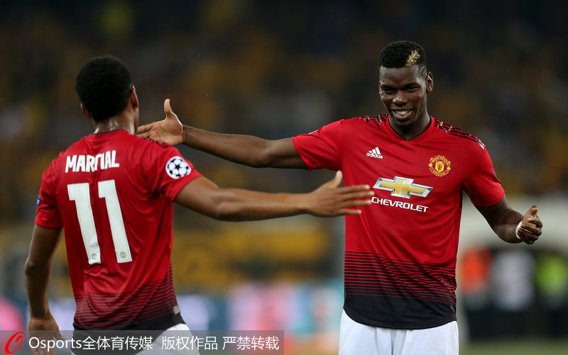 博格巴與馬夏爾慶祝進球